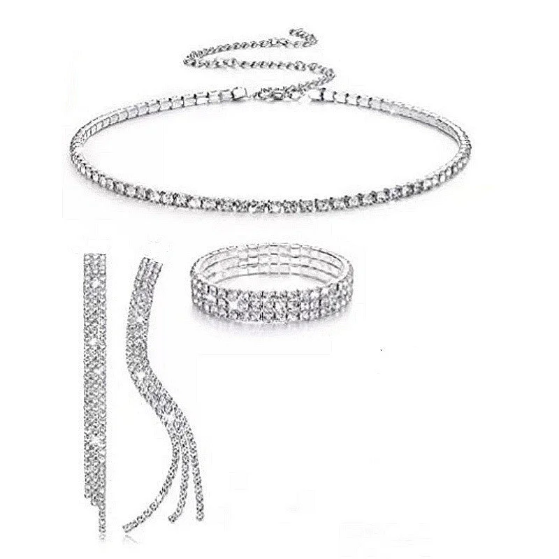 Silver-Three-Piece Set (Necklace Three-Row Bracelet Three-Row Earrings)-Ten