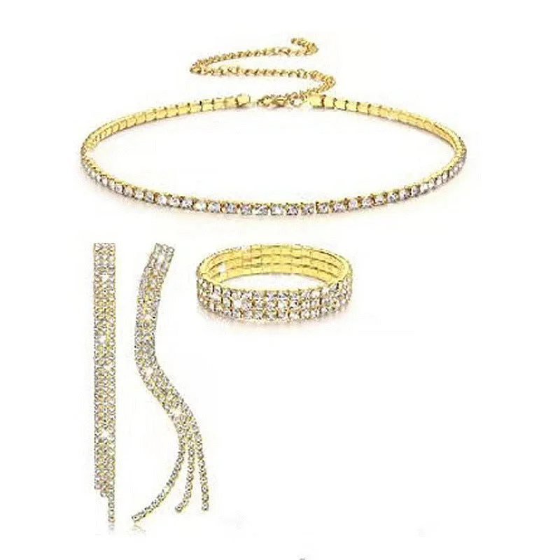 Gold-Three-Piece Set (Necklace Three-Row Bracelet Three-Row Earrings)-Ten