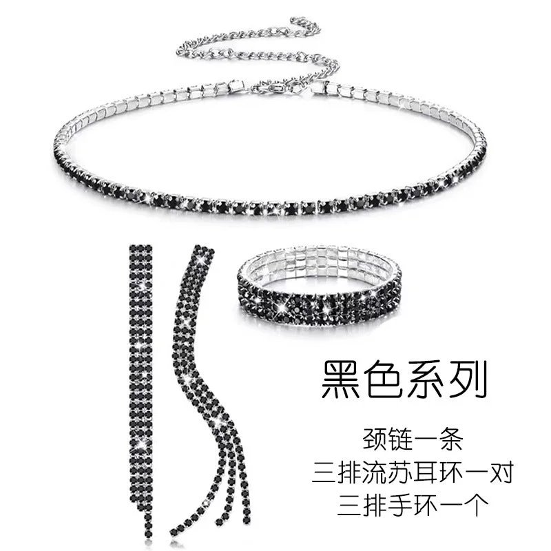 Black Diamond Gun Black-Three-Piece Set (One Row of Necklace Three Rows of Bracelet Three Rows of Earrings)-Ten