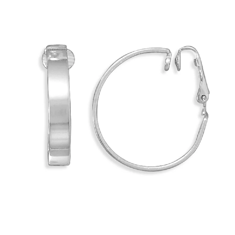 Flat Hoop Clip On Sterling Silver Polished Earrings