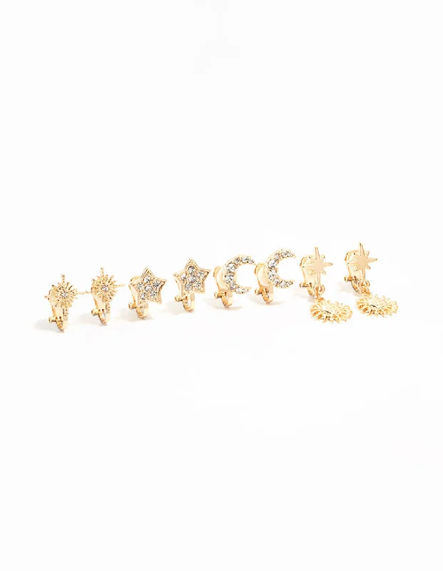 Gold Star & Moon Clip On Earrings 4-Pack