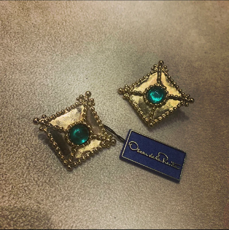 Green square clip on earrings by Oscar de la Renta