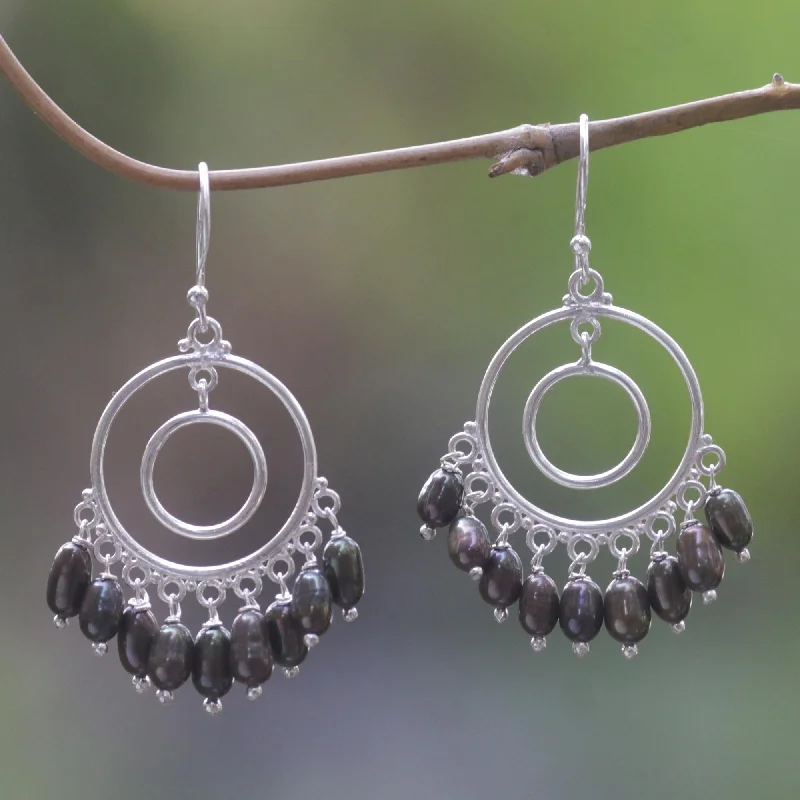 Halo Eclipse Handmade Cultured Pearl Sterling Silver Chandelier Earrings