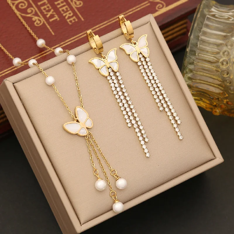 Ig Style Casual Tassel Butterfly Stainless Steel Plating Inlay Pearl Shell Zircon Bracelets Earrings Necklace