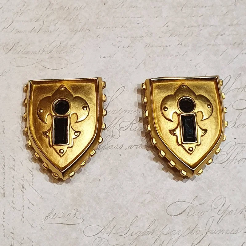 Karl Lagerfeld Earrings Clip On Gold Black Shield Crest