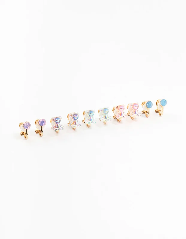 Kids Holographic Gummy Bear Clip On Gold Earrings 5-Pack