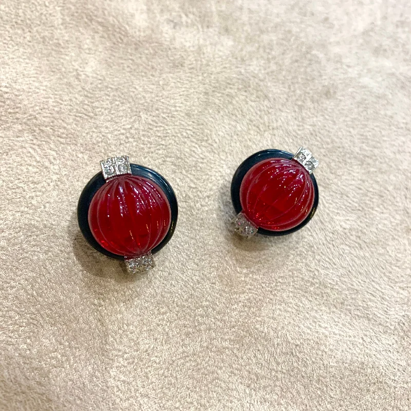 KJL Red Black Vintage Clip on Earrings by Kenneth Jay Lane