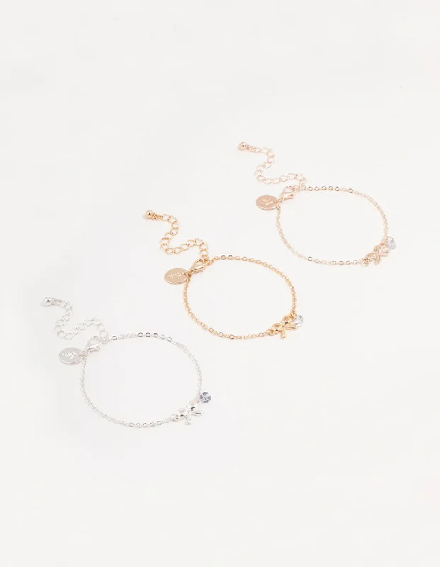 Mixed Metals Diamante Bow Bracelets 3-Pack