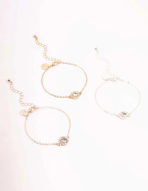 Mixed Metals Halo Diamante Bracelets 3-Pack