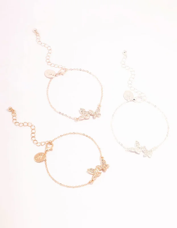 Mixed Metals Pave Diamante Butterfly Bracelets 3-Pack