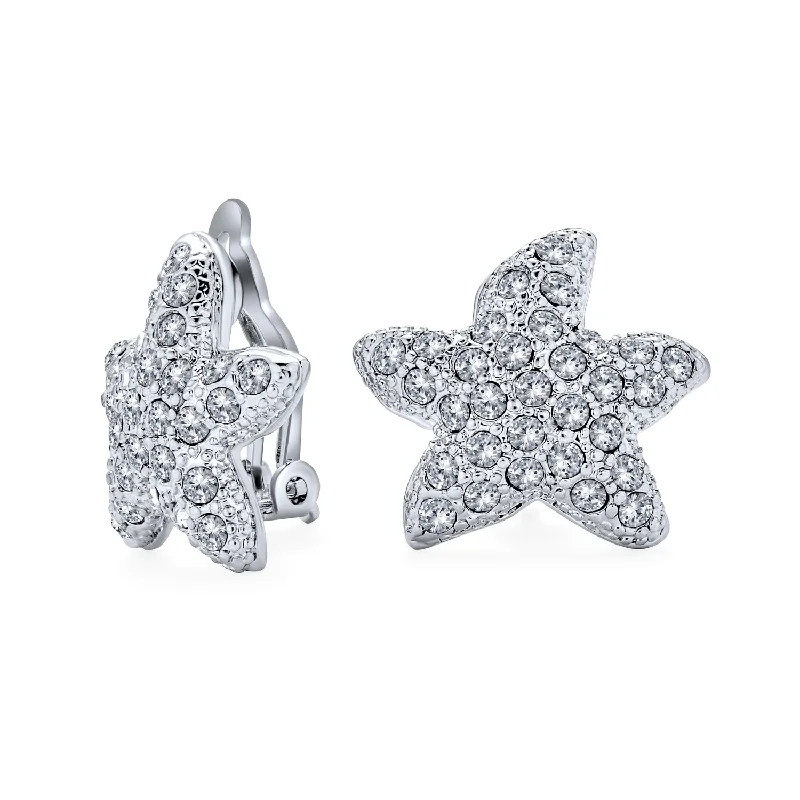 Nautical Starfish Clip-On Earrings with Pave Crystals for Non-Pierced Ears