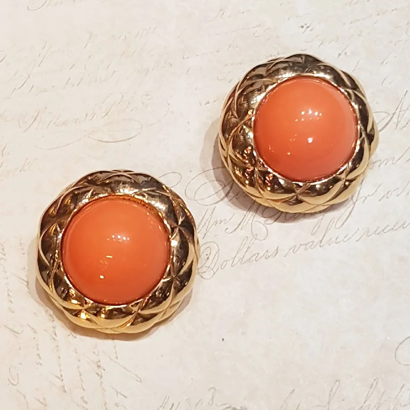 Nina Ricci Clip On Earrings Round Gold Coral Vintage