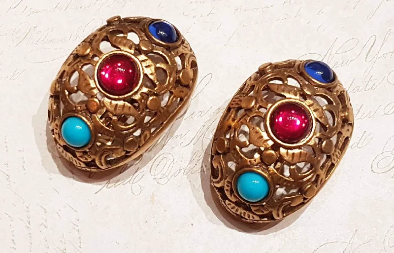 Oscar De La Renta Clip On Earrings Gold Big Glass Multi Stone Filigree Hoop