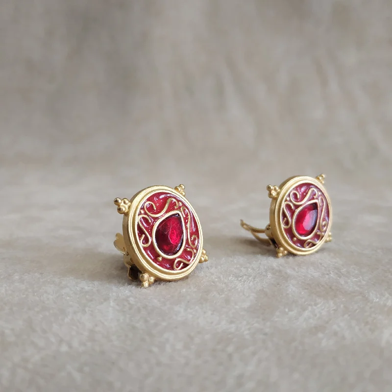 Red Round Earrings by Rima Ariss Clip On Gold