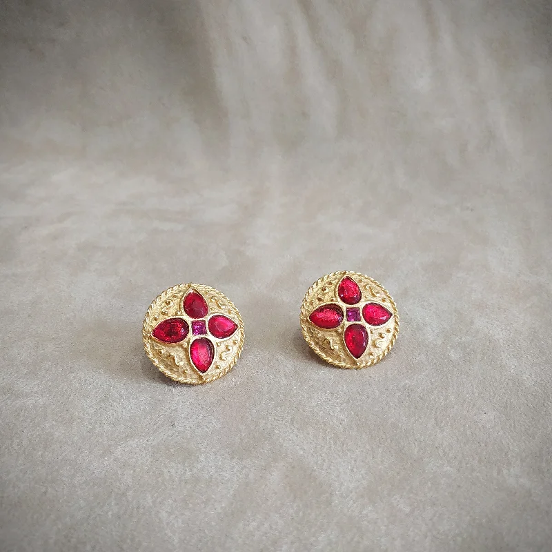 Red Round Earrings by Rima Ariss Clip On Gold