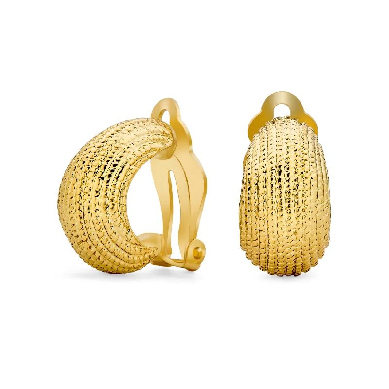 Ribbed Cable Rope Stripe Half Hoop Clip-On Earrings for Non-Pierced Ears Gold Tone