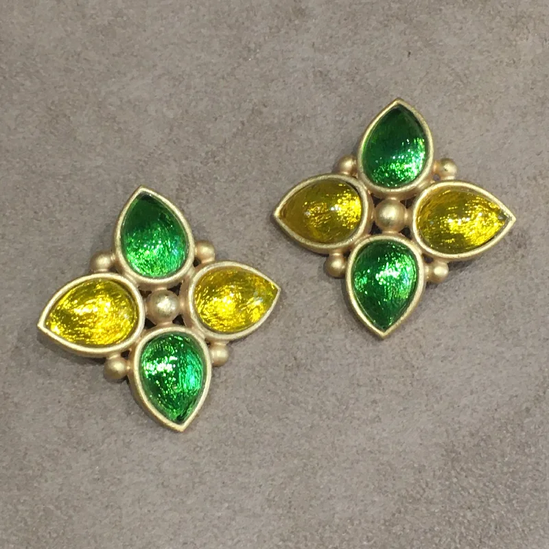 Rima Ariss London Green Yellow Foiled Glass Gold Plated Statement Clip On Earrings