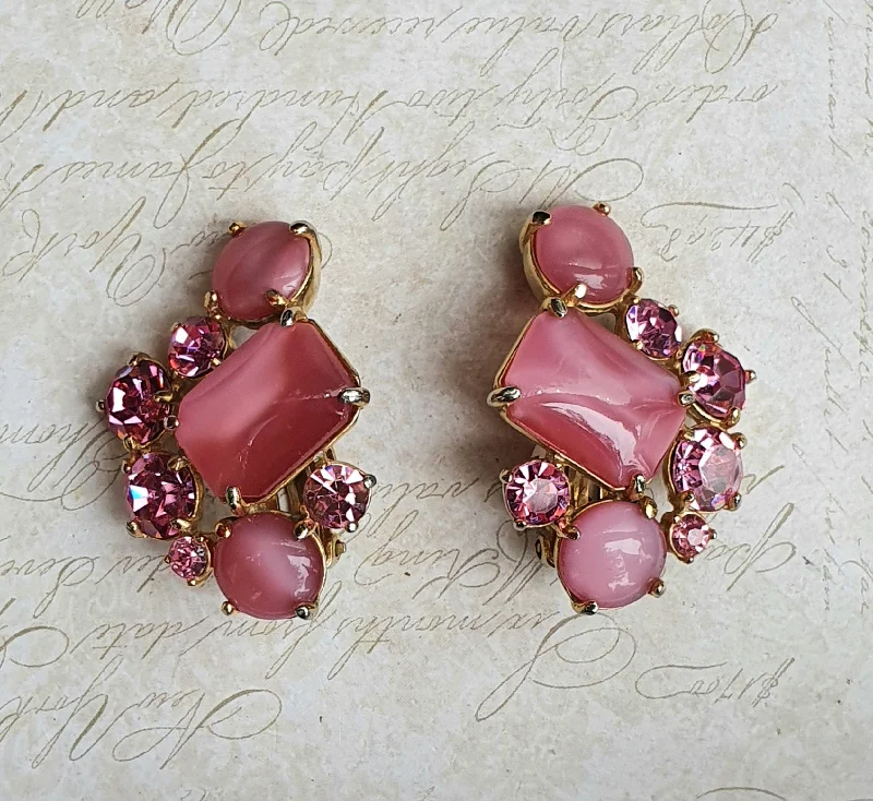 Schiaparelli Vintage Pink Glass Crystal Clip on Earrings