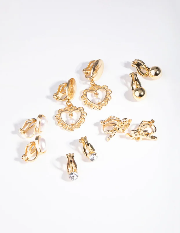 Gold Faux Pearl Heart Clip On 5-Pack Earring