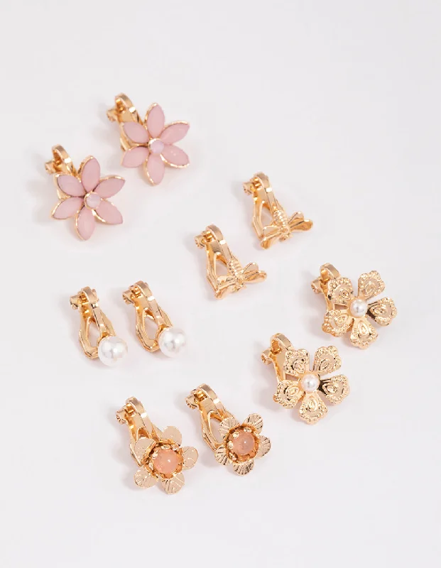 Gold Pretty Flower Clip On Earrings 5-Pack