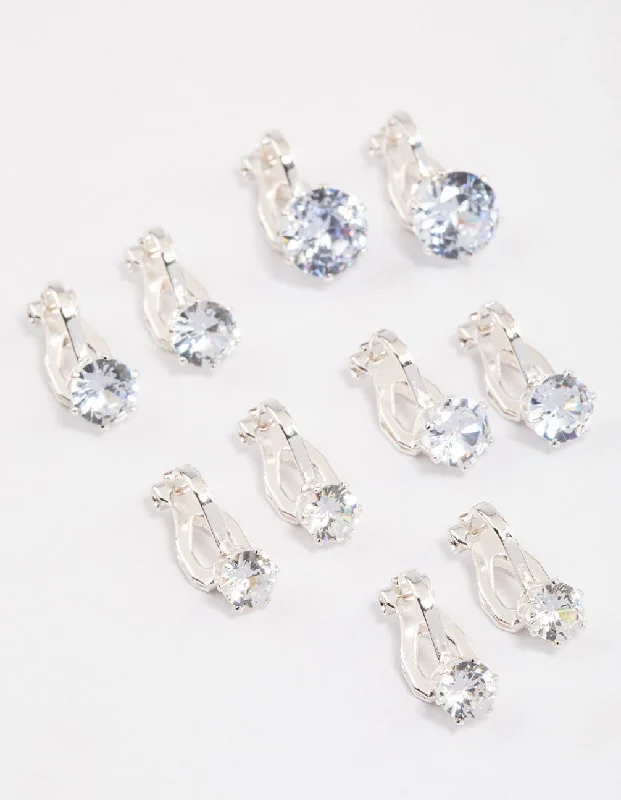 Silver Graduating Diamante Clip On Earrings 5-Pack