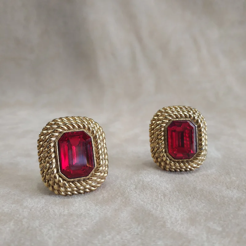 Red Square Earrings by Sphinx Clip On Gold