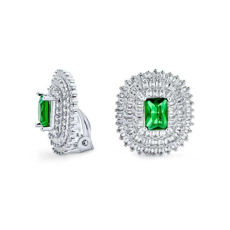 Traditional Art Deco Simulated Emerald Clip-On Earrings Silver Plated Non-Pierced