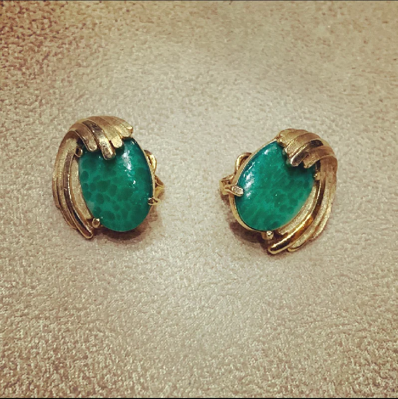 Trifari Vintage Jade glass clip on oval earrings