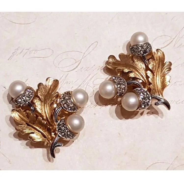 Trifari Vintage Pearl Earrings Clip On Leaf Acorn Gold Crystal