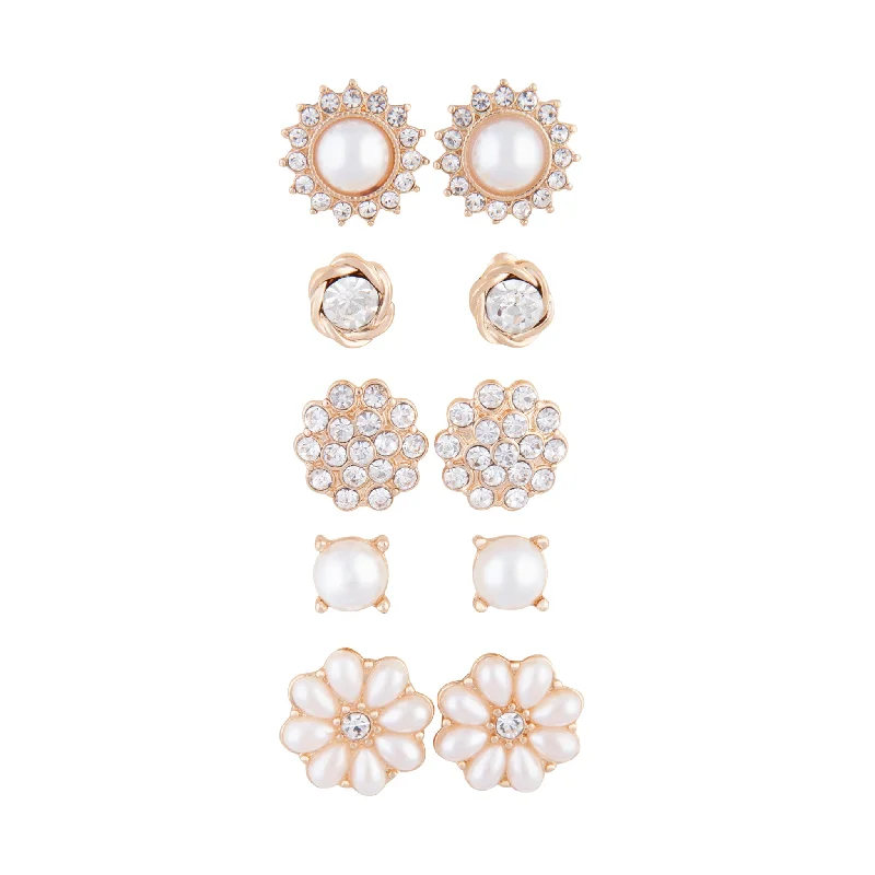 Gold Pearl Flower 5-Pack Clip On Earring