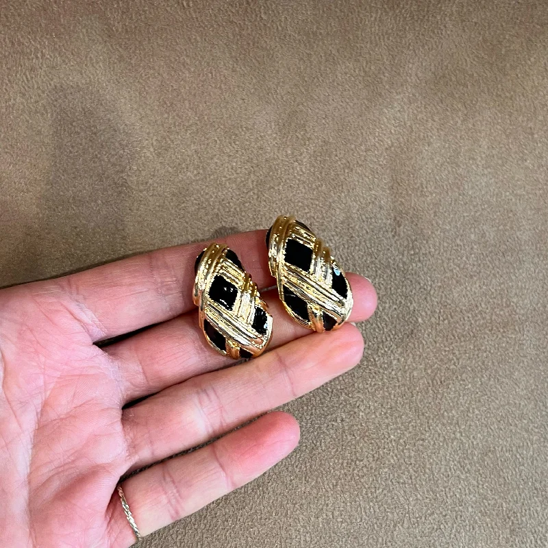 Vintage Black Enamel Gold Plated  Half Hoop Clip on Earrings