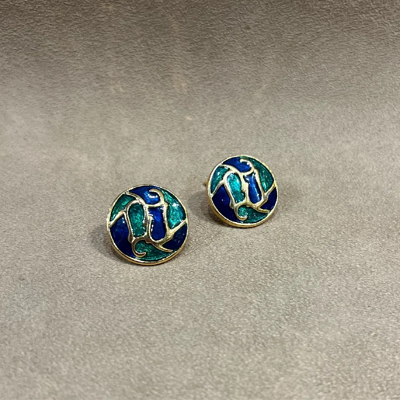 Vintage Blue and Green Enamel Clip On Earrings