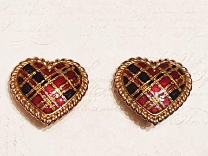 Vintage Butler and Wilson Heart Clip on Earrings Gold Tartan Enamel Red Punk