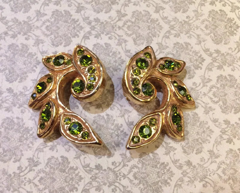 Vintage Christian Lacroix Earrings Gold Olive Green Crystal Clip on