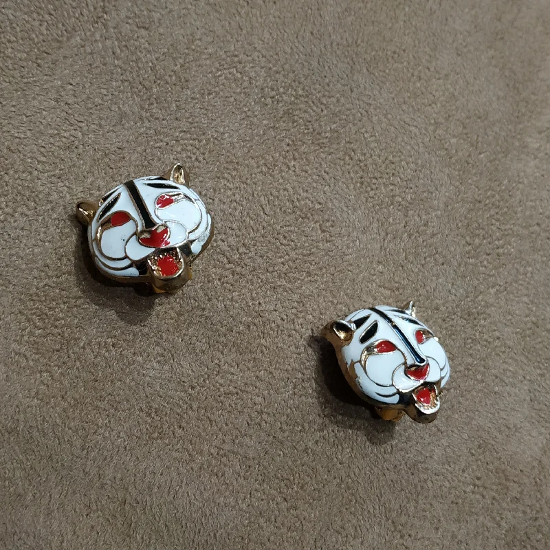 Vintage Tiger head enamel Clip On earrings