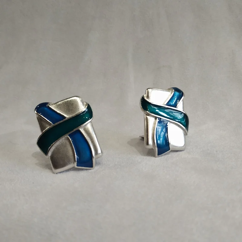 Vintage Yves Saint Laurent Rectangular Silver Blue and Green Clip On Earrings