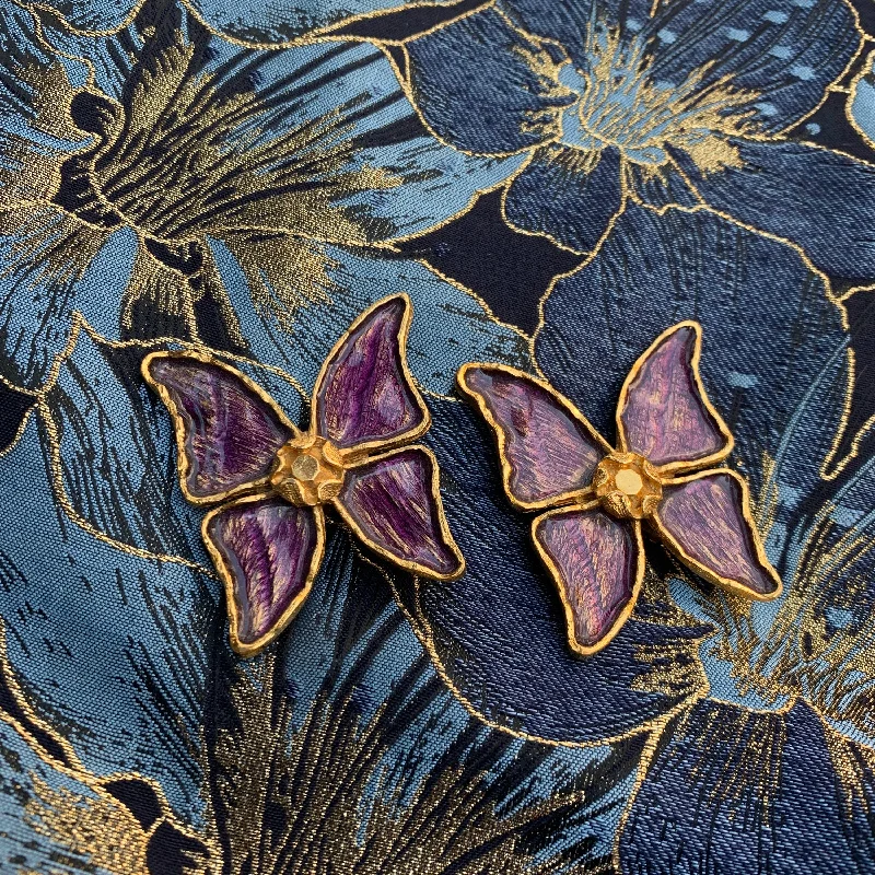 YSL Butterfly Earrings Purple Enamel Yves Saint Laurent Clip on