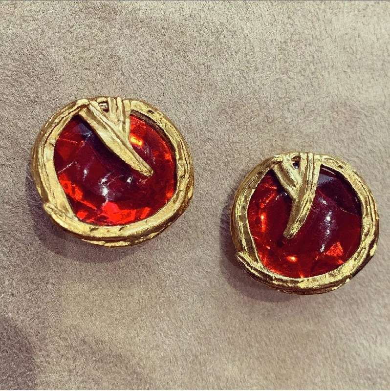 YSL Earrings Crystal Red and Gold Round Clip On