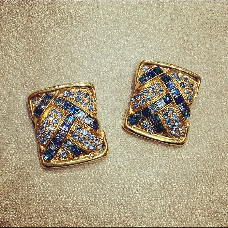 Yves Saint Laurent  Vintage Clip On Earrings Gold Blue Crystal Sqaure