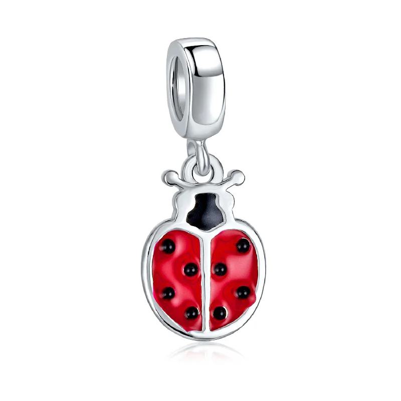 Personalized Red Ladybug Dangle Charm Bead in Sterling Silver for European Bracelets