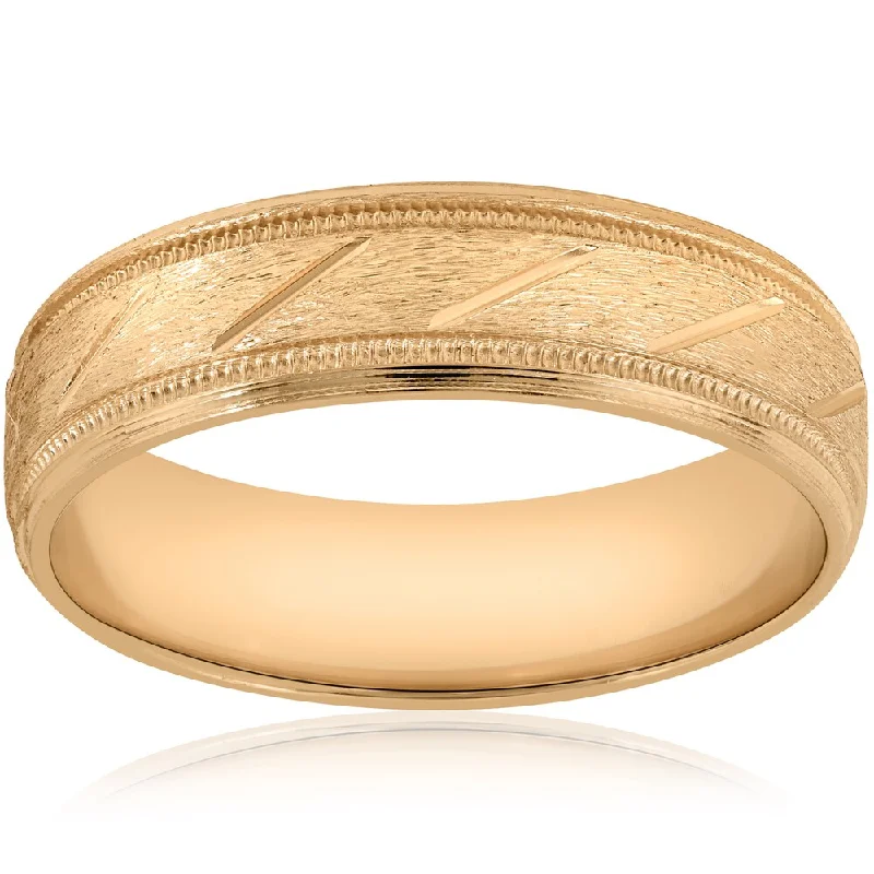 10K Yellow Gold 6mm Brushed Hand Carved Mens Wedding Band