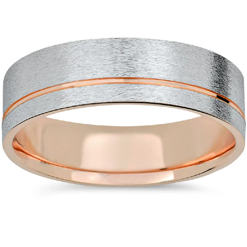 14k Rose Gold & White Gold Two Tone 6mm Brushed Mens Wedding Band