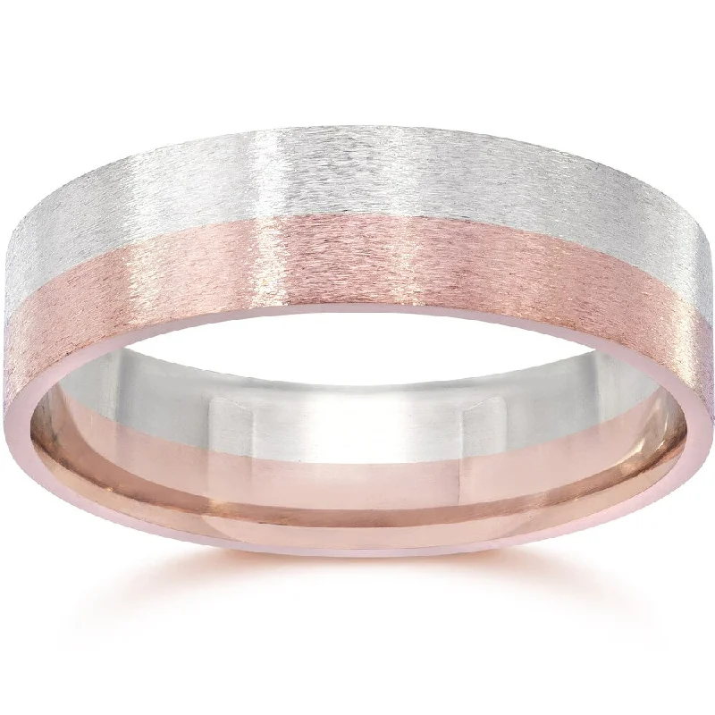 14k Two-Tone Rose & White Gold Men's 6mm Brushed Wedding Band