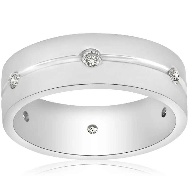 14K White Gold 1/2ct Diamond Mens 8mm Flat High Polished Comfort Fit Wedding Band (G-H,SI2-I1)