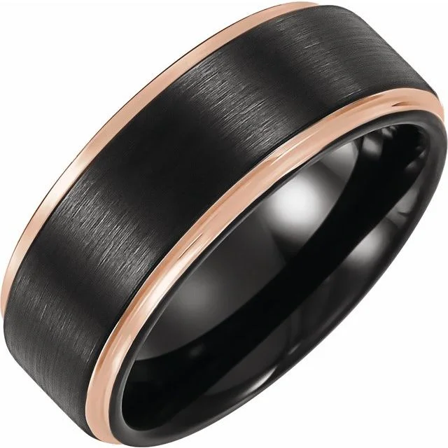 18K Rose Gold PVD and Black PVD Tungsten Flat Grooved Band 6mm or 8mm