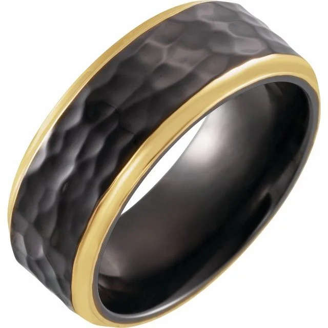 18K Yellow Gold PVD Black Titanium 8 mm Flat Band with Hammer Finish