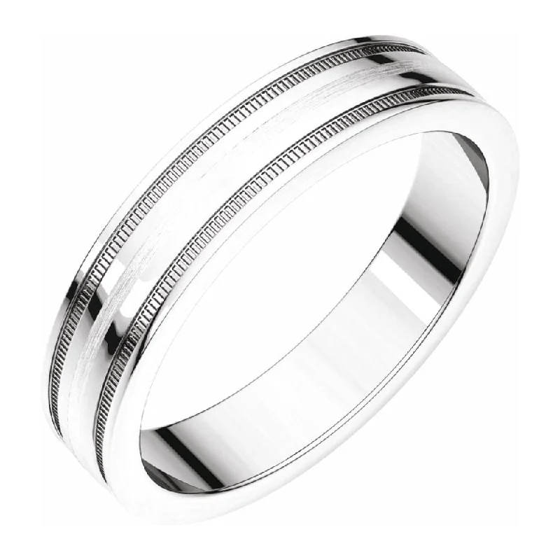 4mm 14K White Gold Flat Edge Satin Center Milgrain Comfort Fit Band