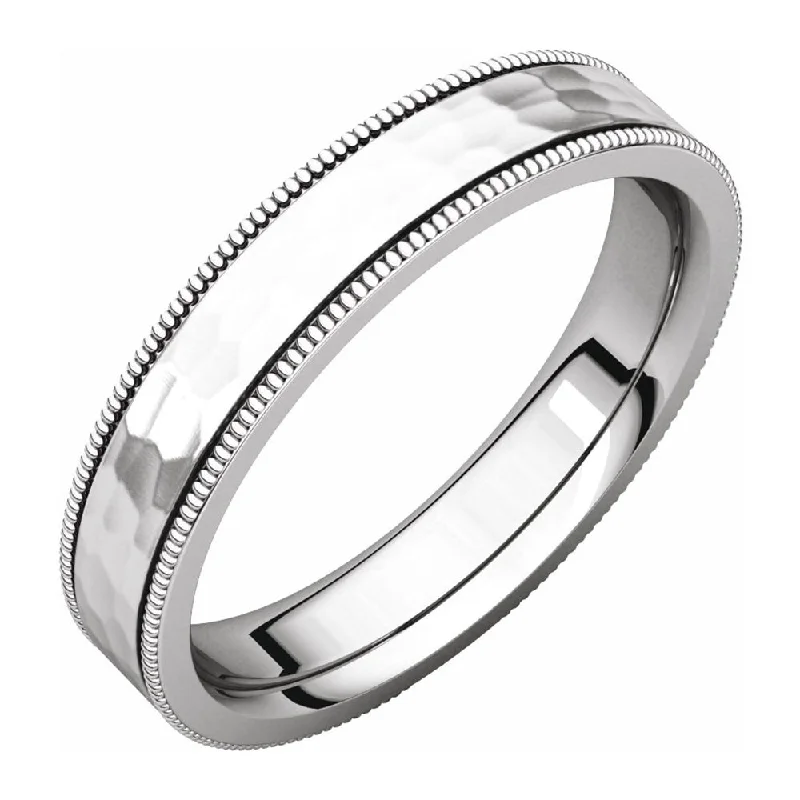 4mm 14K White Gold Milgrain Hammered Flat Comfort Fit Band