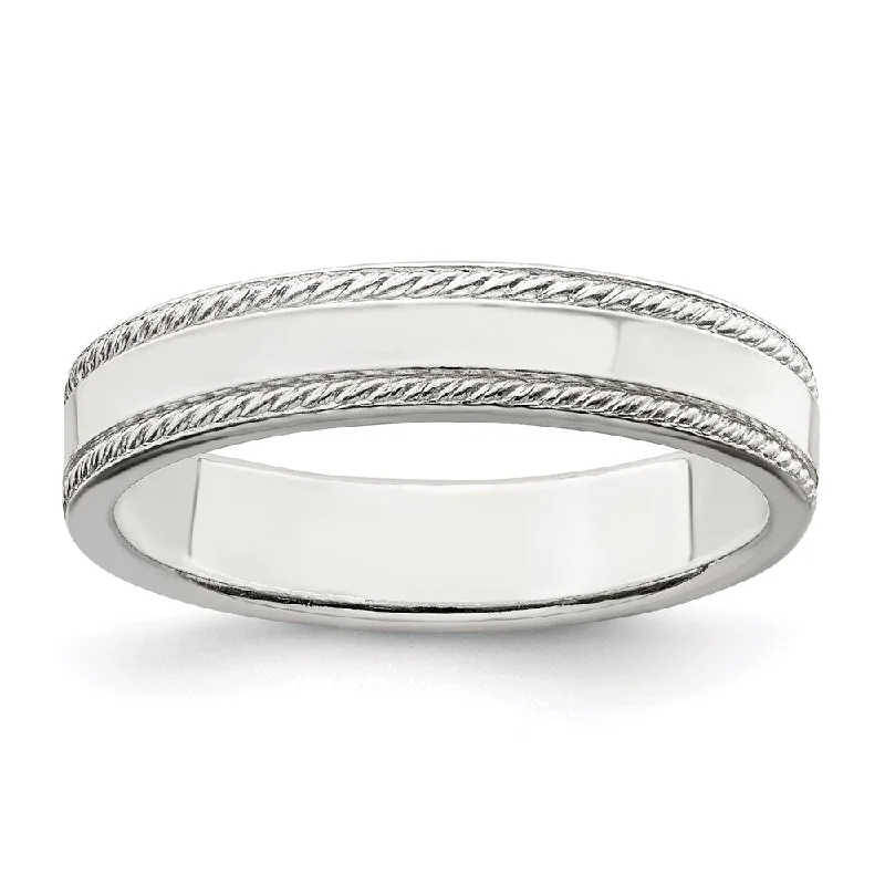 4mm Sterling Silver Polished Flat Rope Edge Standard Fit Band