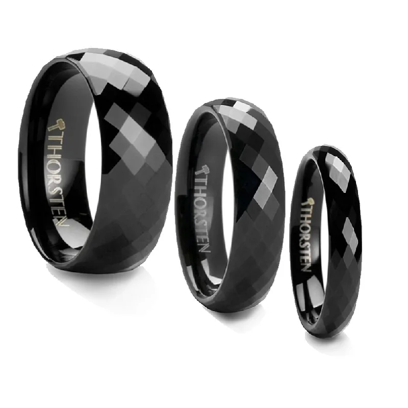 Thorsten AEON Black Tungsten Wedding Band with Diamond Facets - 4 6 or 8mm